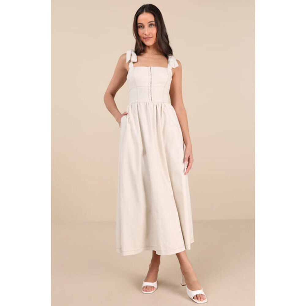 Lulus Callina Cream Tie-strap Midi Dress White - Size M